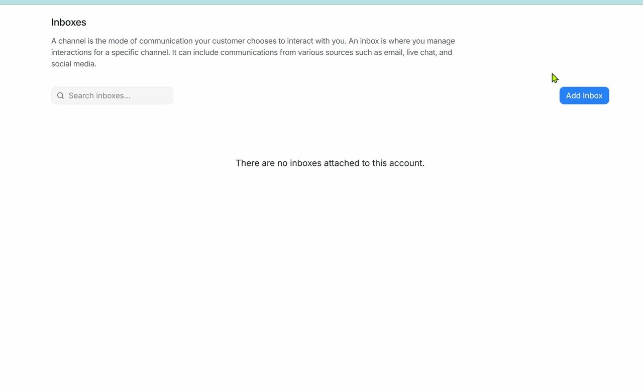 Settings, Inboxes page with Add Inbox