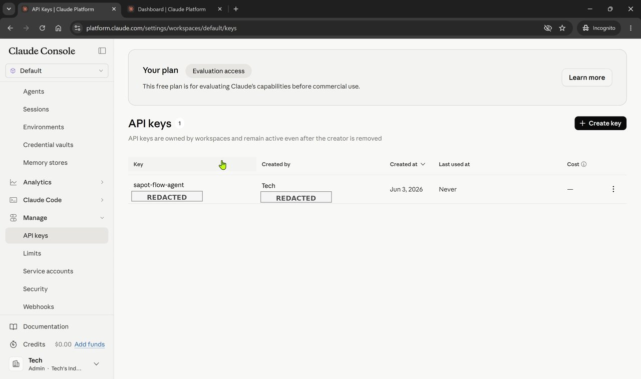 New API key listed in the keys table