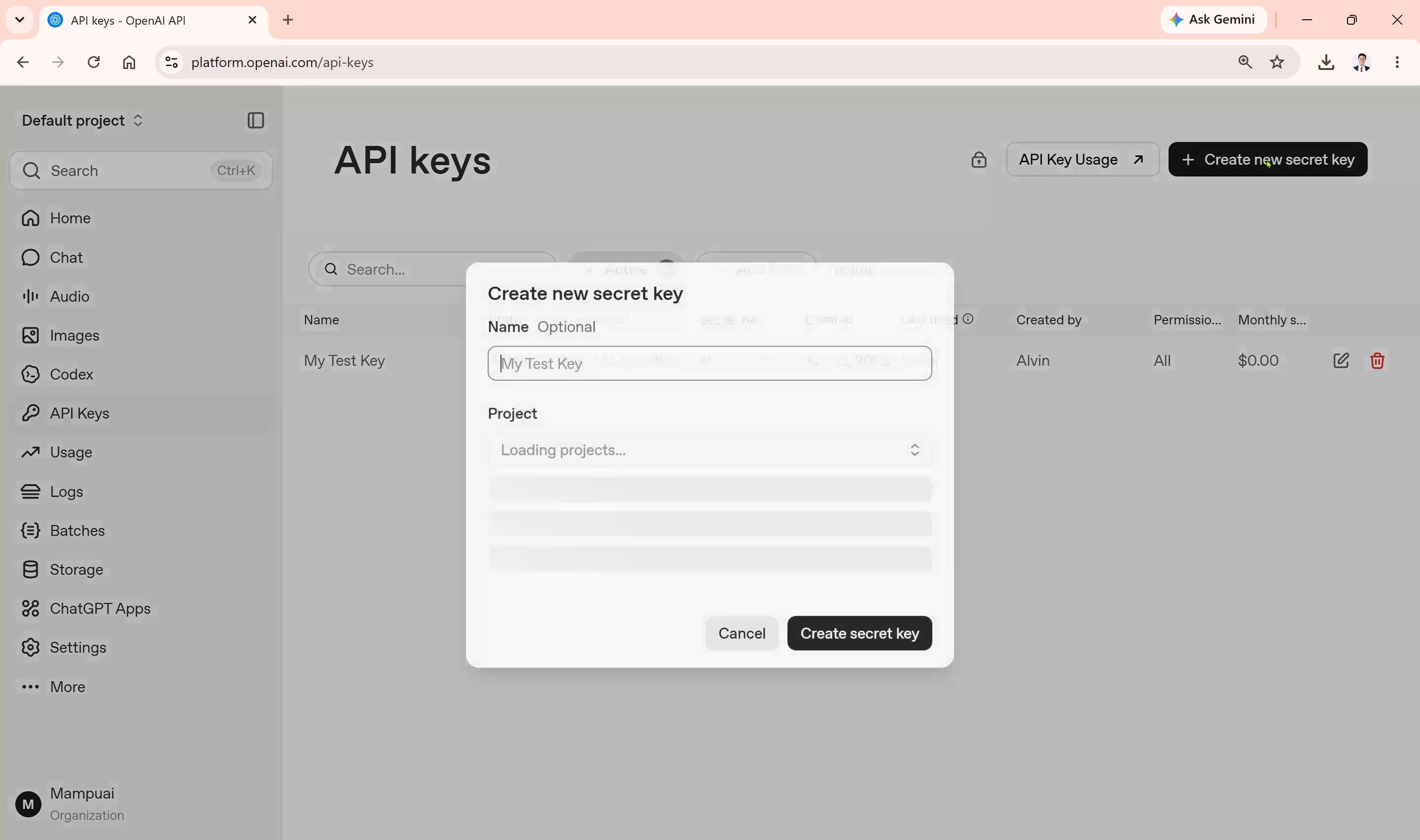 OpenAI create new secret key button