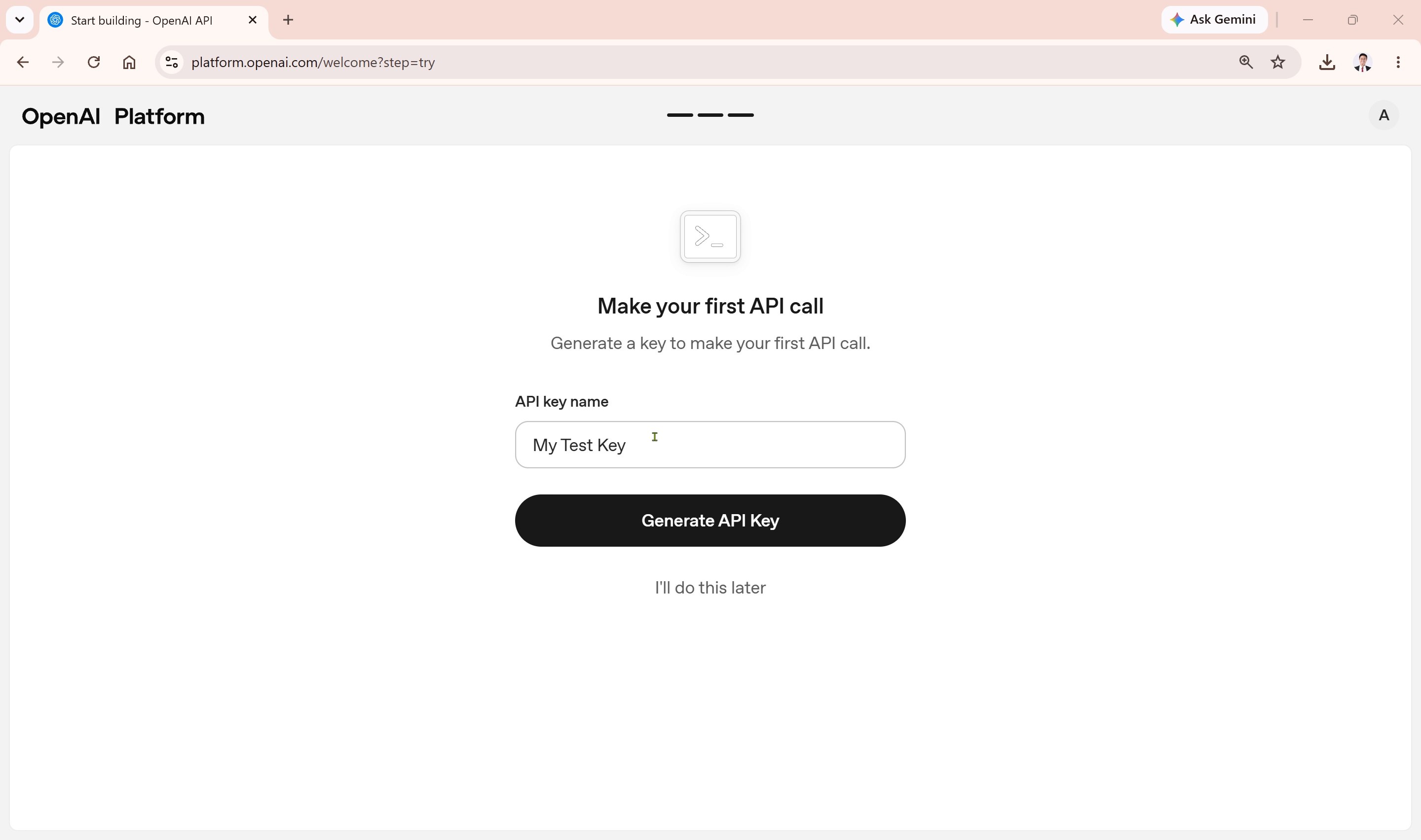 OpenAI generate first API key screen