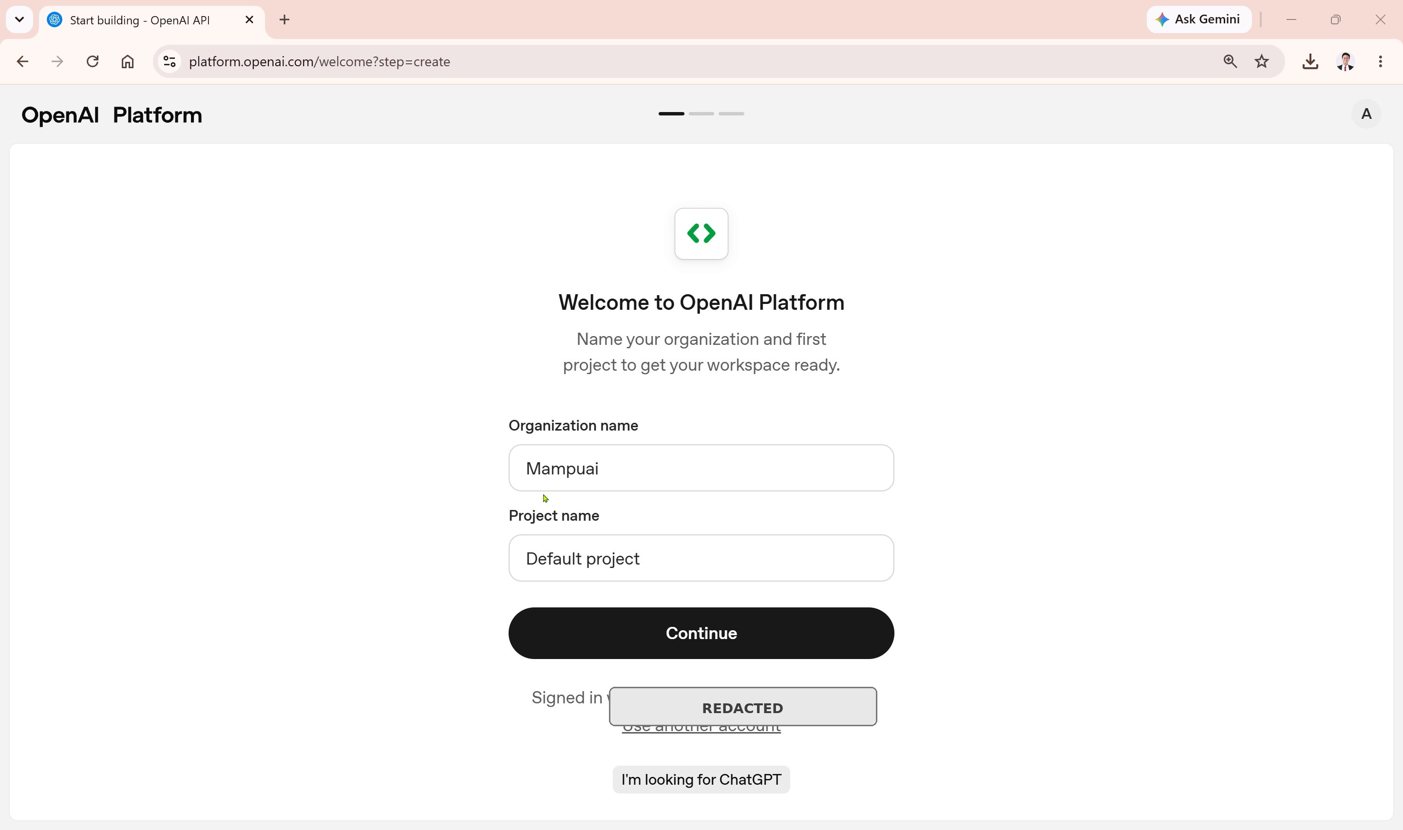 OpenAI organization and project setup screen