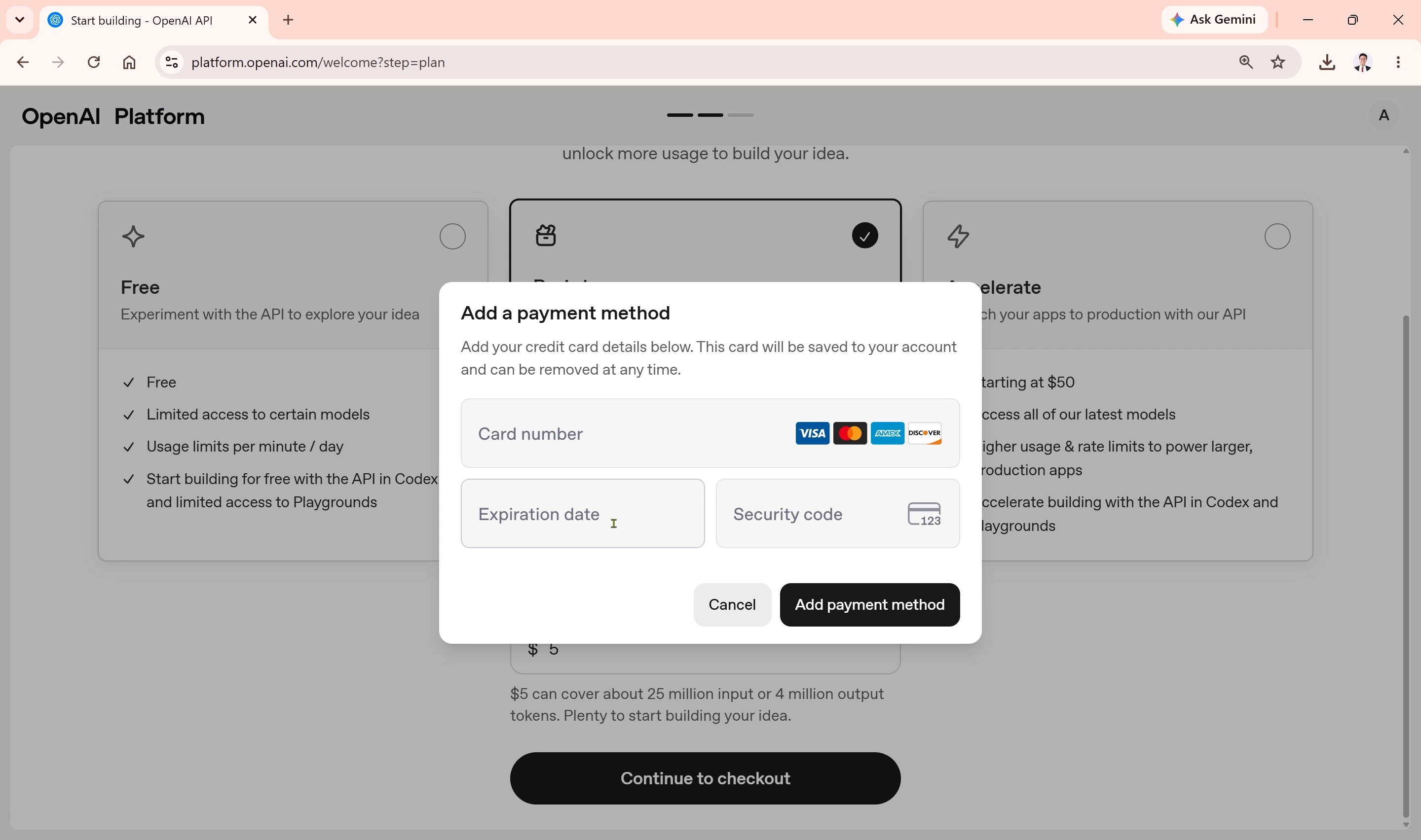 OpenAI add payment method screen