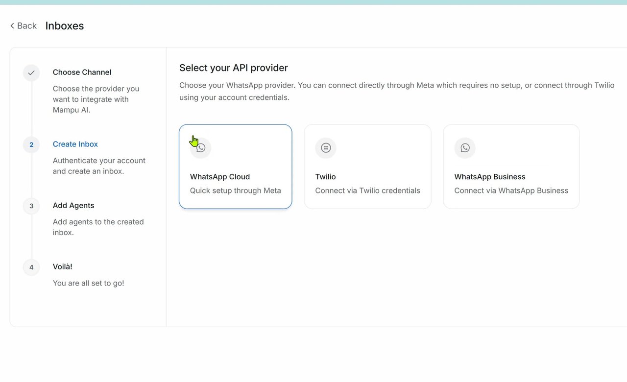 Select API provider, choose WhatsApp Cloud
