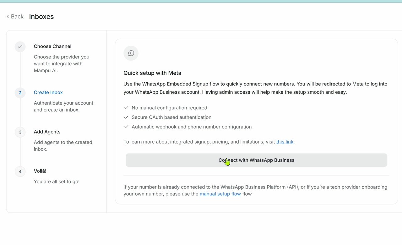 Quick setup with Meta, Connect with WhatsApp Business