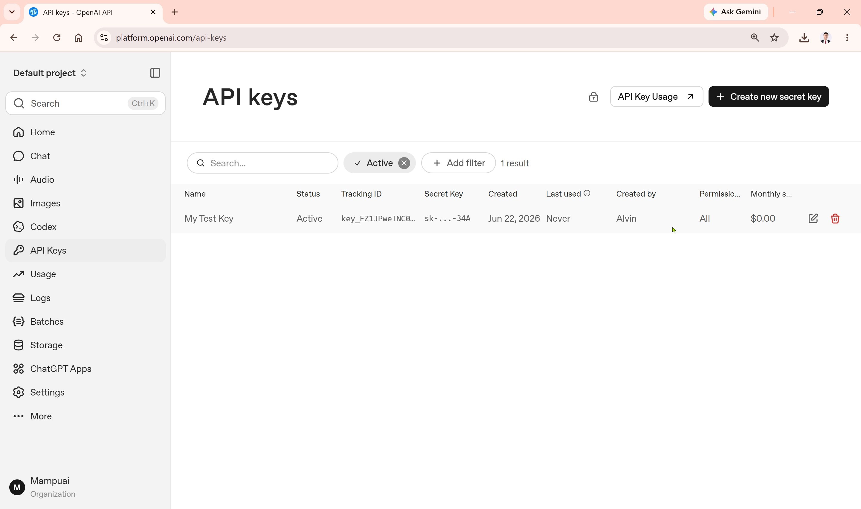 OpenAI API keys page