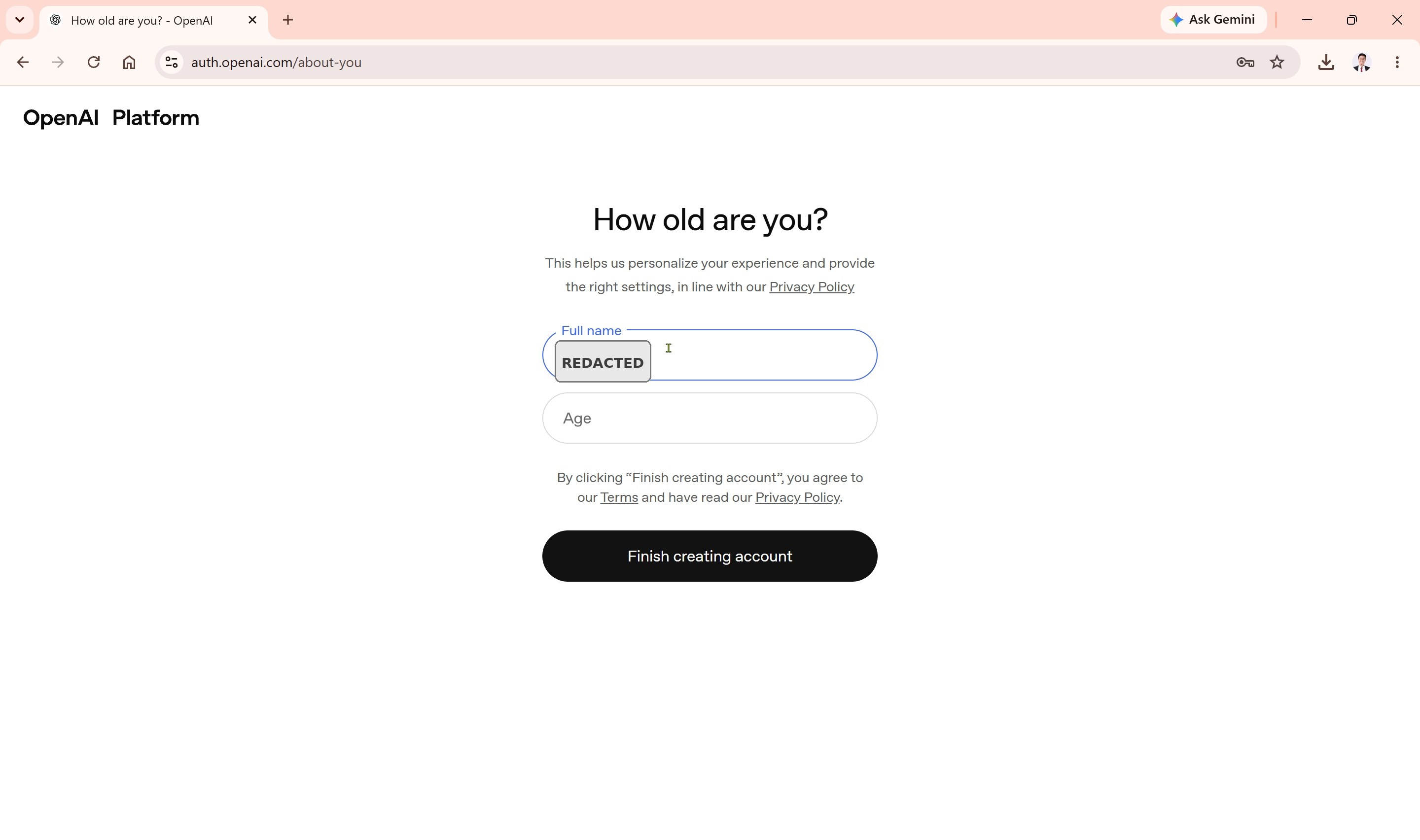 OpenAI account profile setup screen