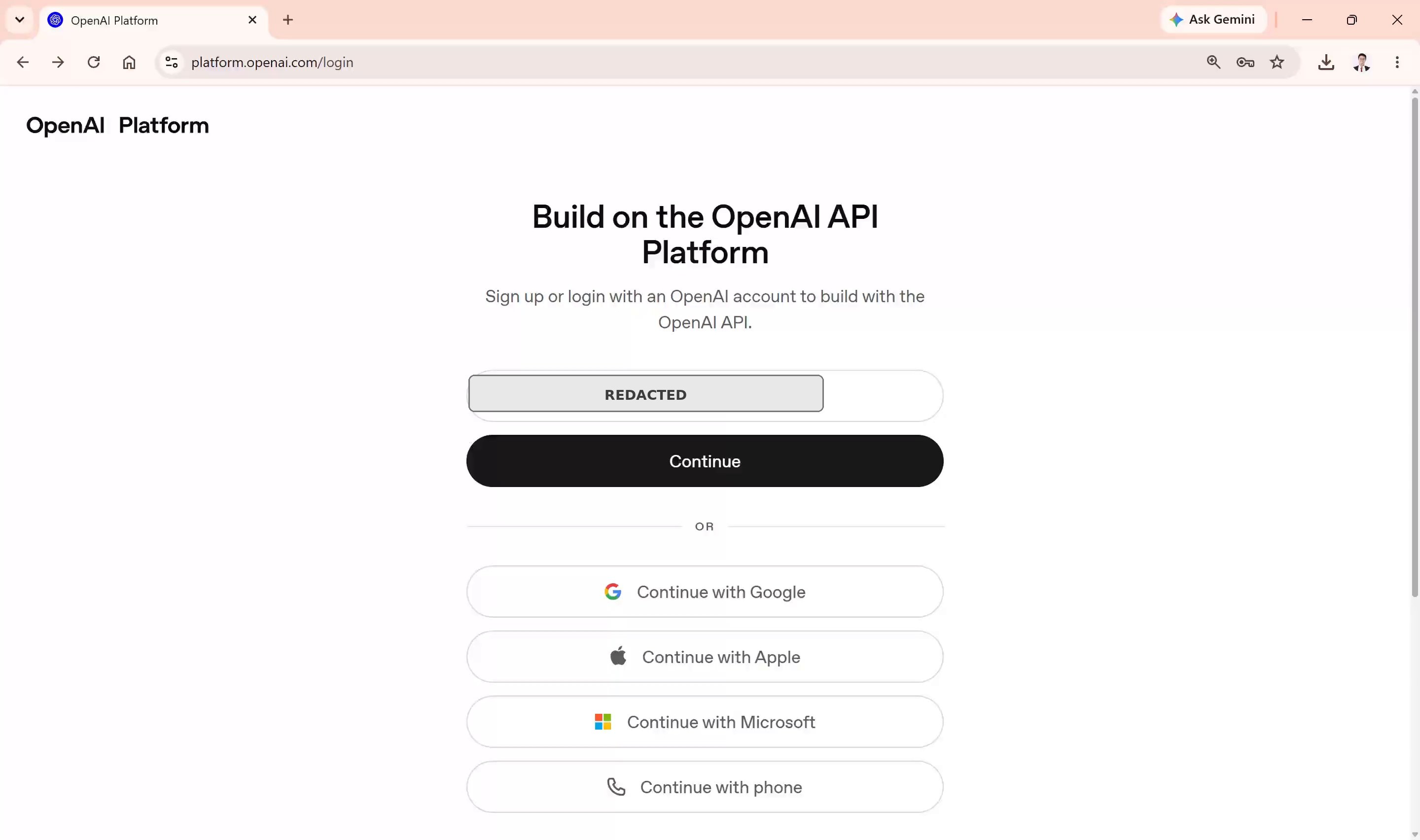 OpenAI Platform login screen