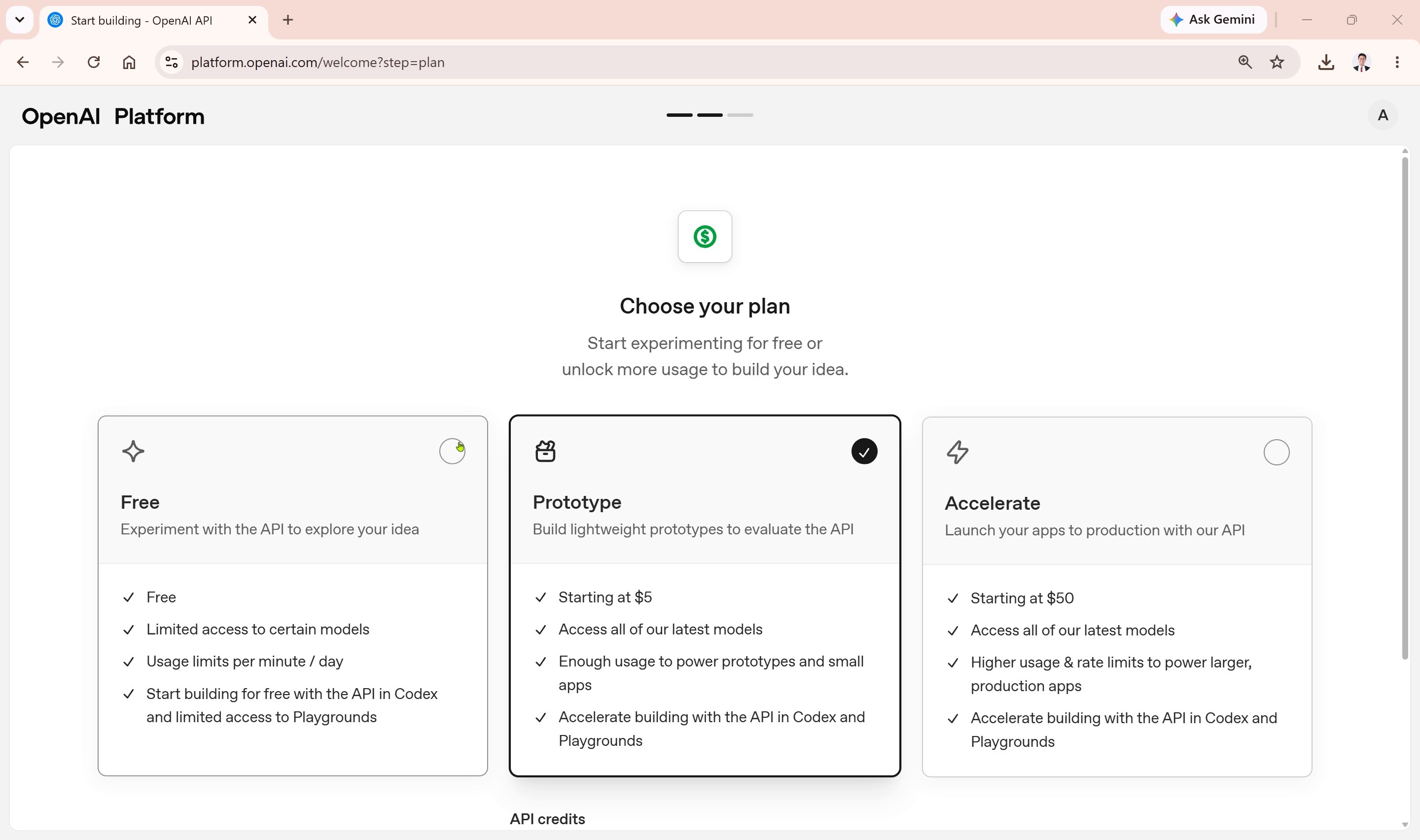 OpenAI plan selection screen
