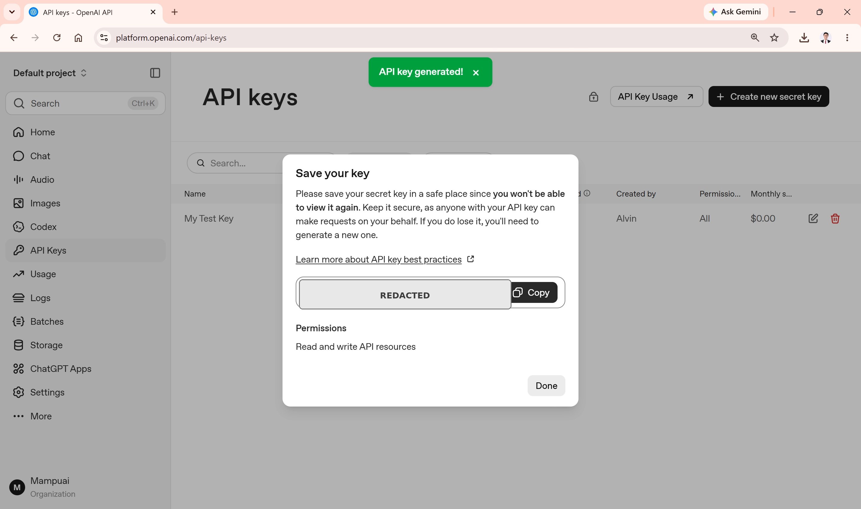 OpenAI create new secret key modal