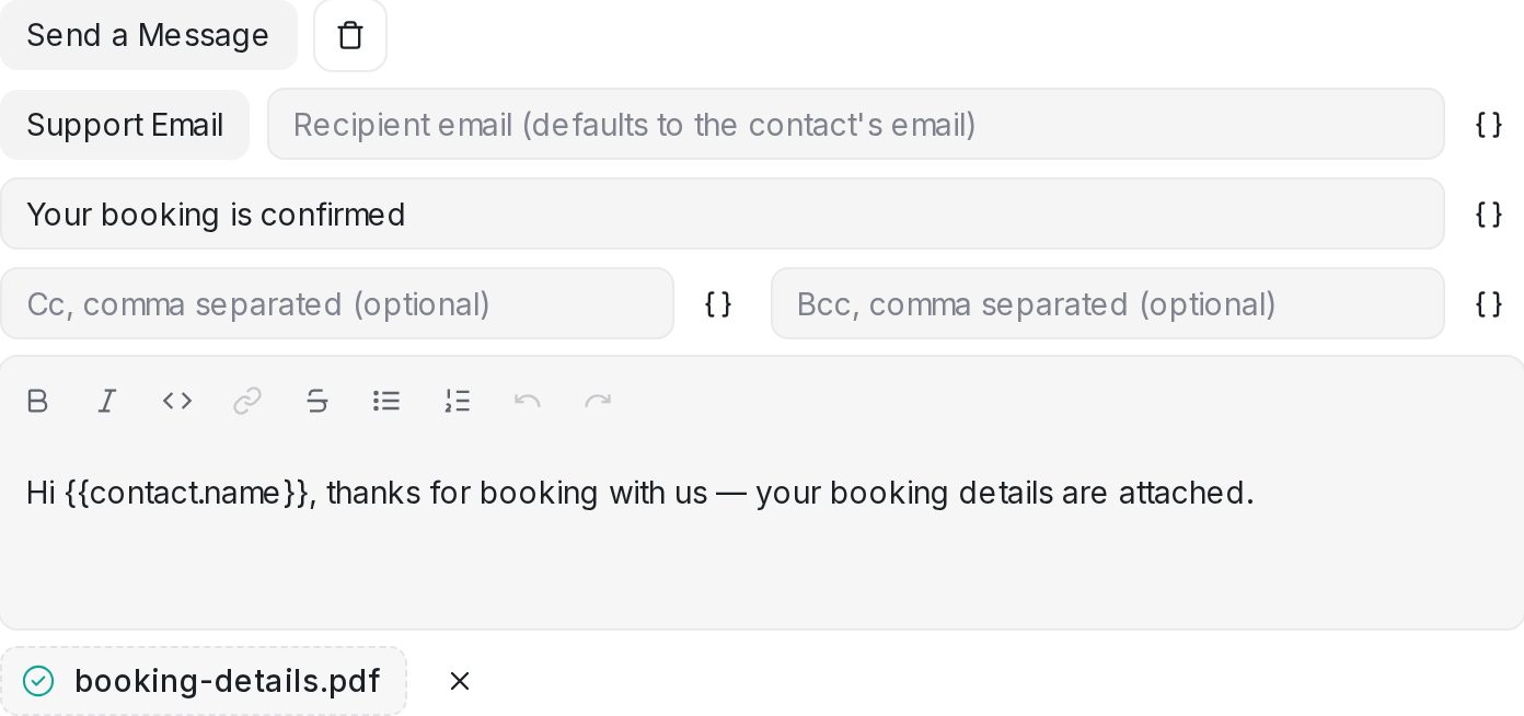 A Send a Message action sending a booking confirmation with an attached PDF