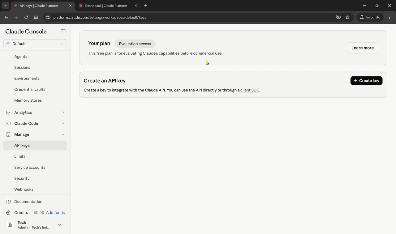 API keys page under Manage