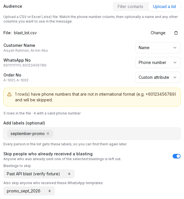 Upload a list in the blasting form
