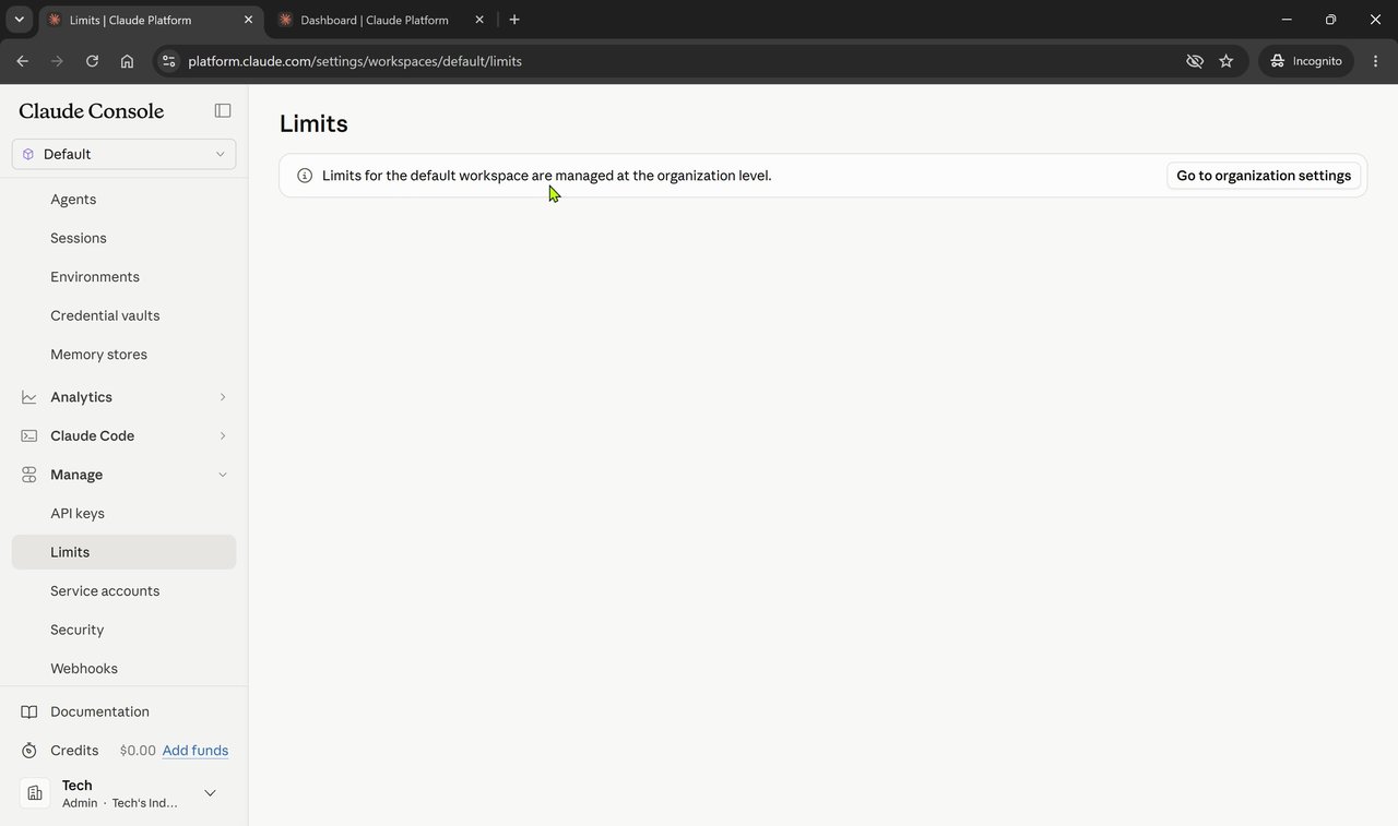 Workspace Limits page