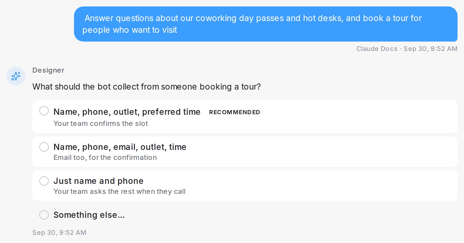 A choice question with a recommended answer in the chat designer