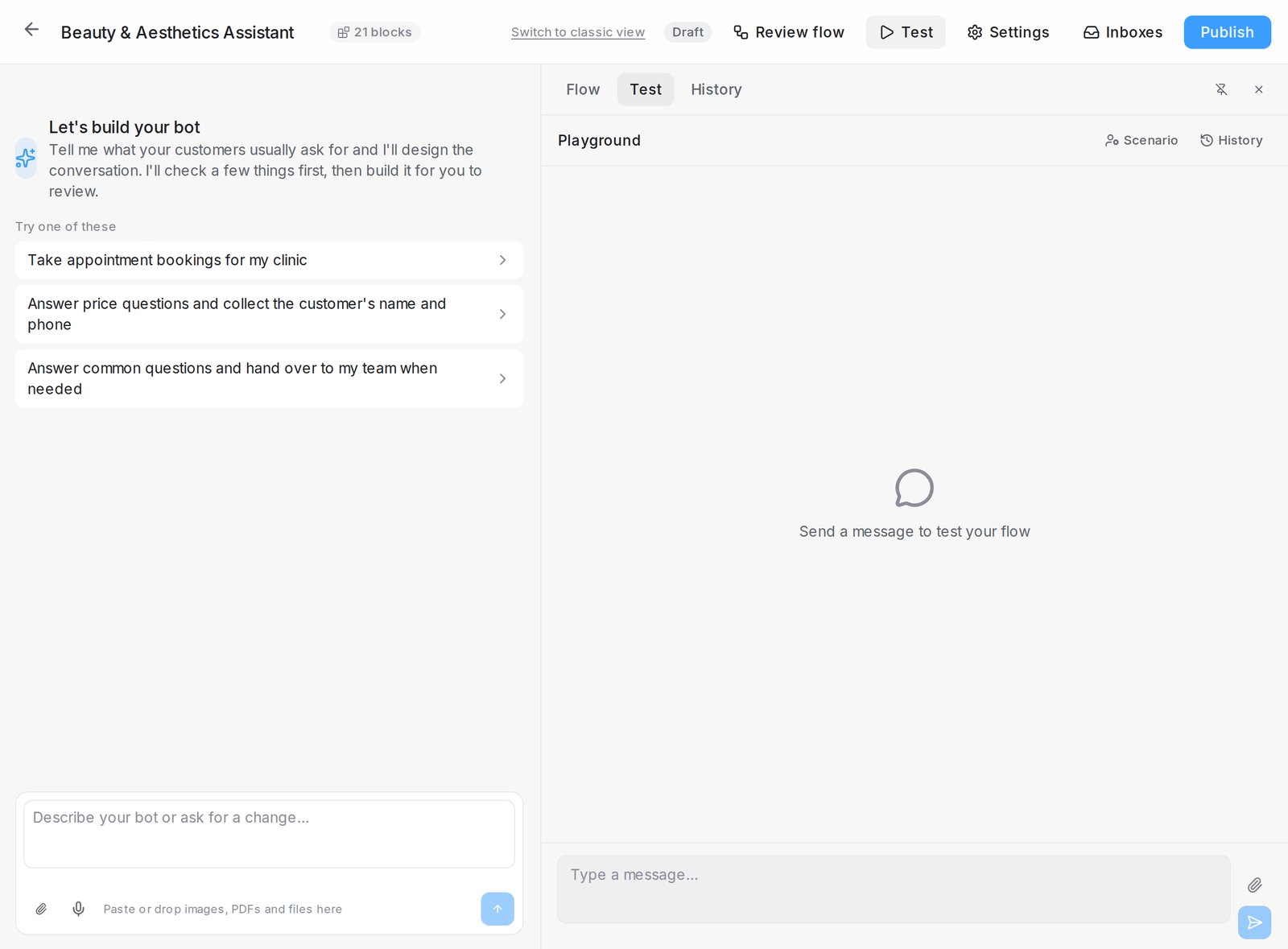 The review panel open beside the chat, on its Test tab