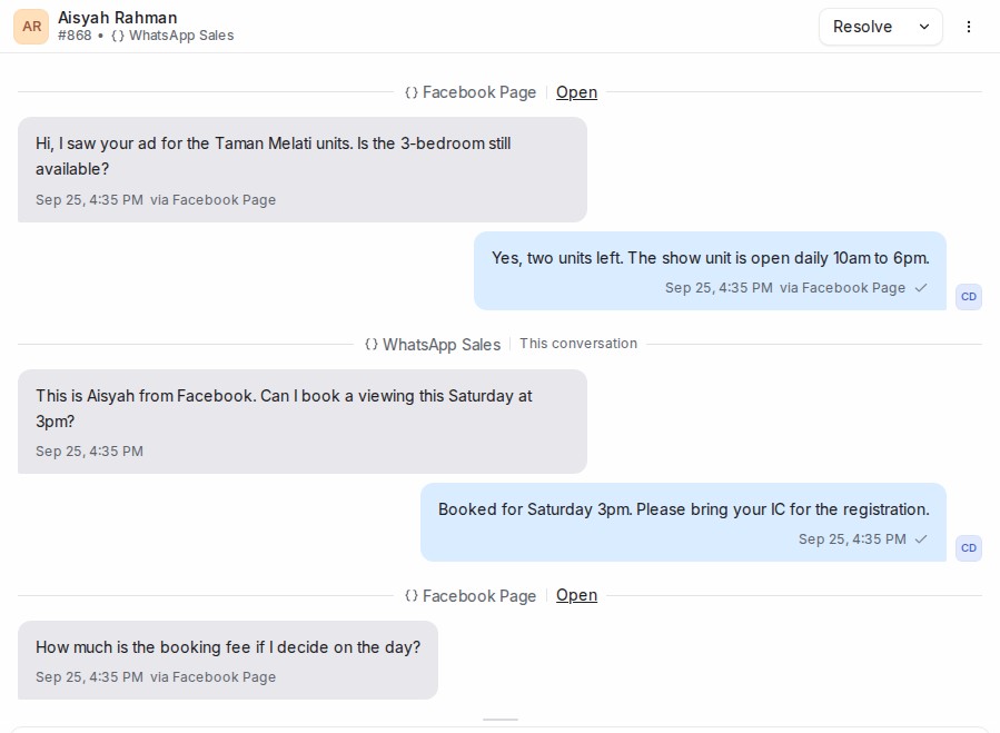 A conversation showing the customer's messages from two inboxes, separated by dividers that name each inbox