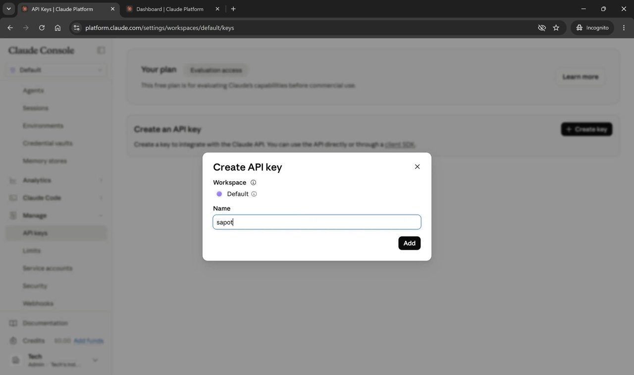 Create API key dialog with the key name field