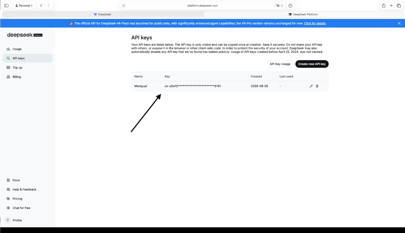 New DeepSeek API key listed in the keys table