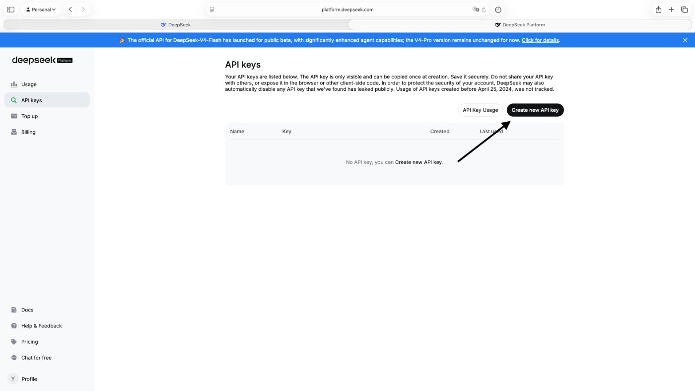 DeepSeek API keys page with the Create new API key button