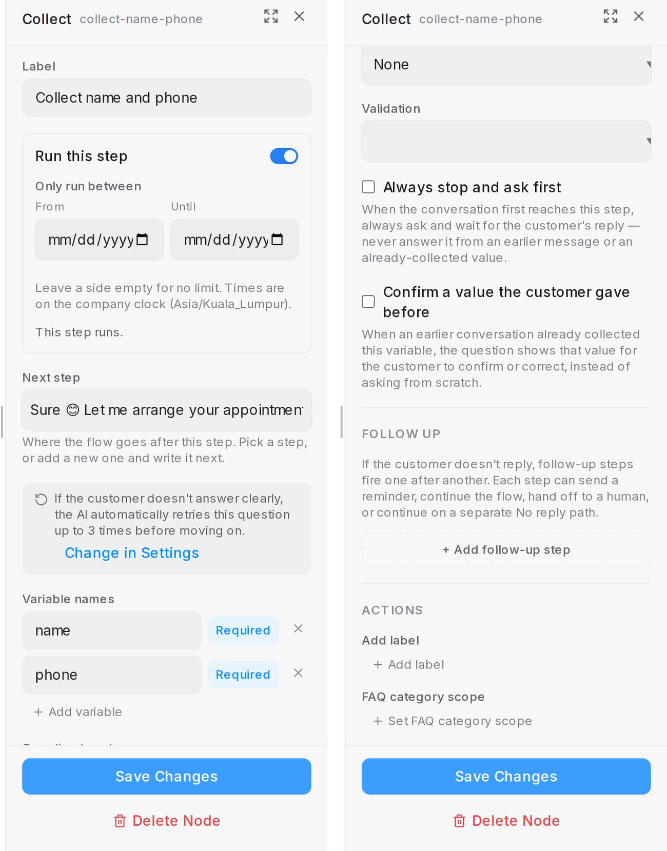 The Collect panel: variables, validation, follow-ups