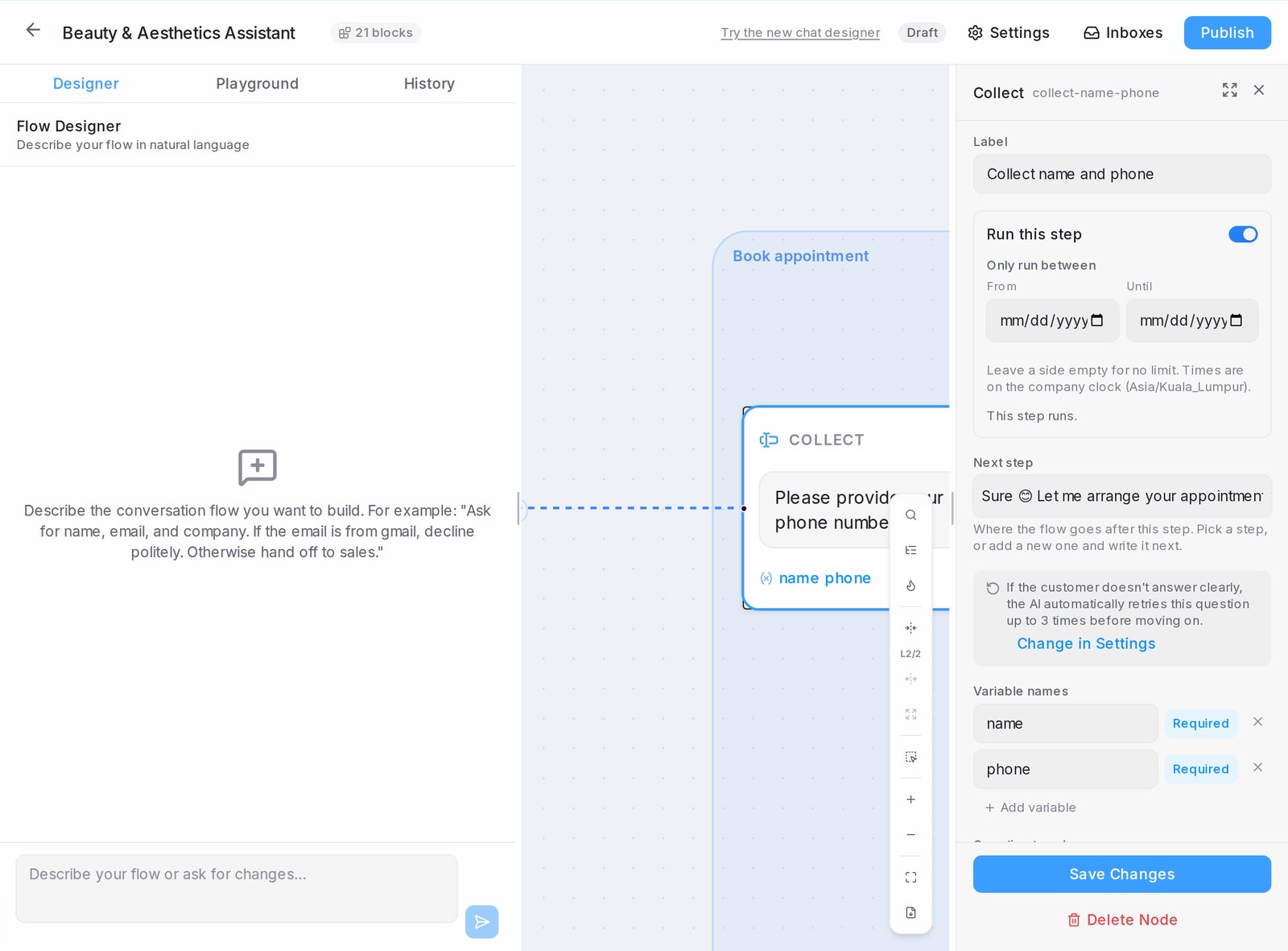 The flow designer: tabs on the left, the canvas in the middle, the step panel on the right