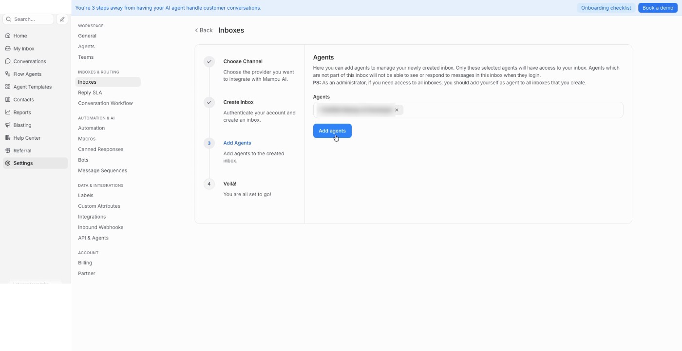 Add agents step of the inbox setup