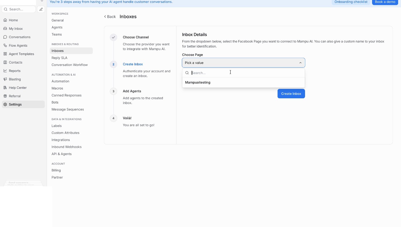 Inbox Details step with Choose Page dropdown