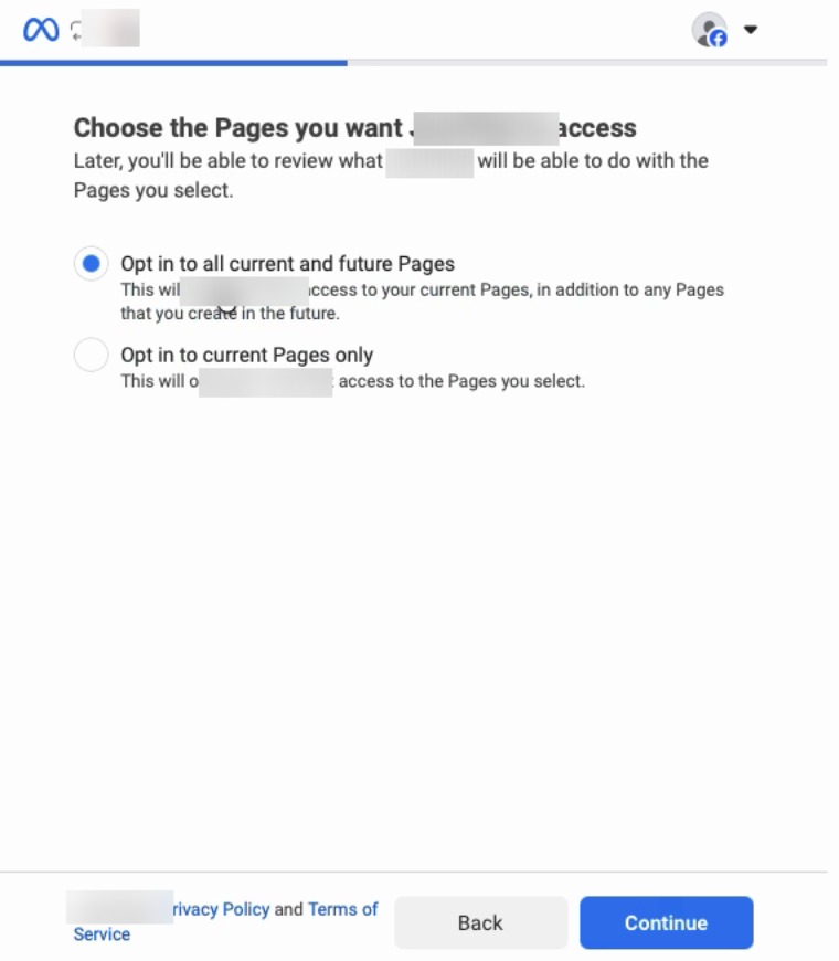 Facebook screen for choosing which Pages to share