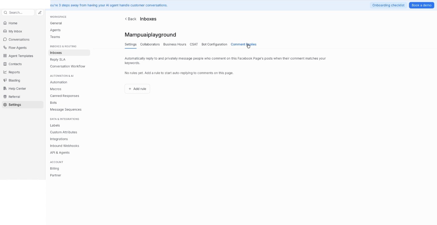 Comment Replies tab with the Add rule button