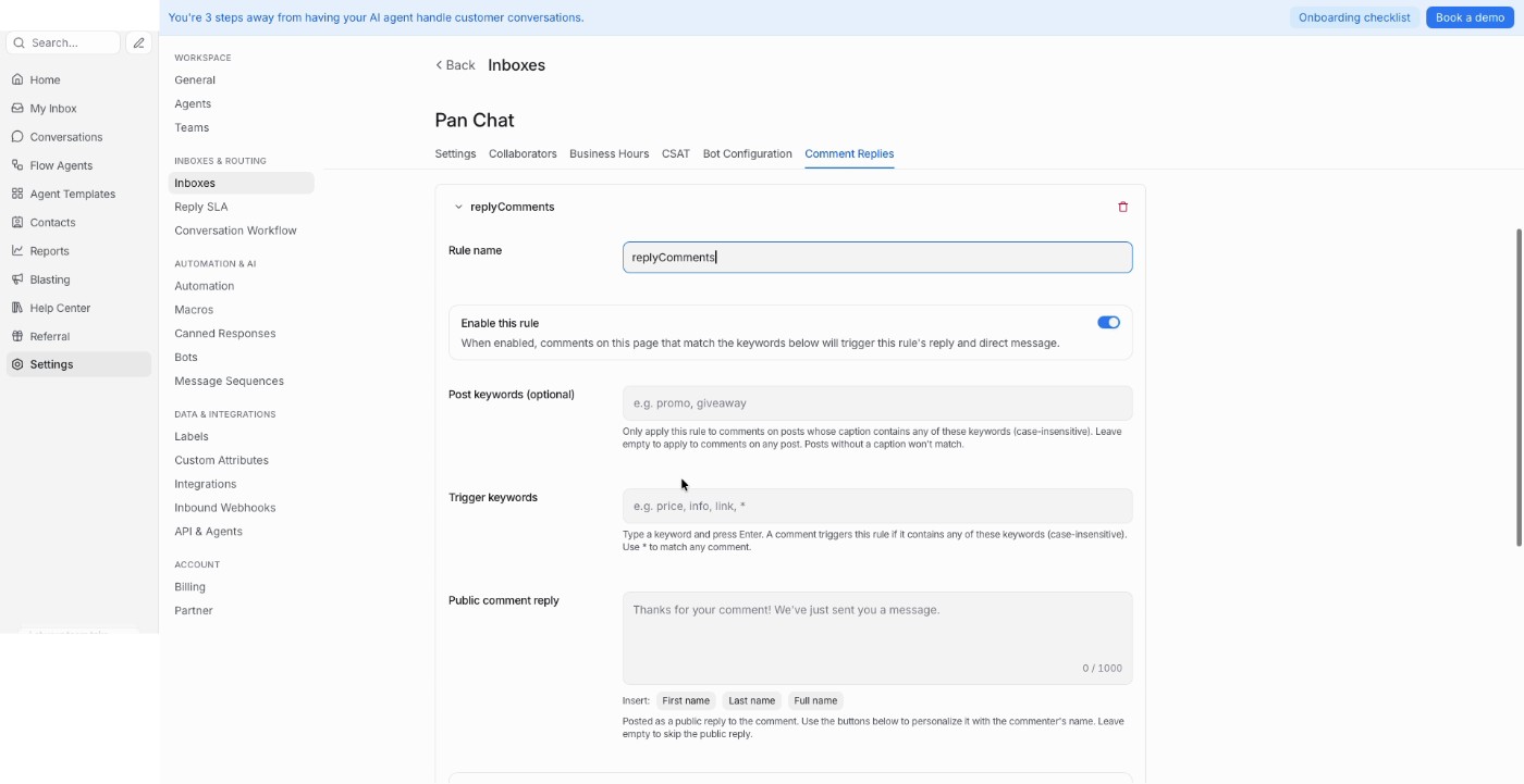 Comment Replies rule with name, post keywords and trigger keywords