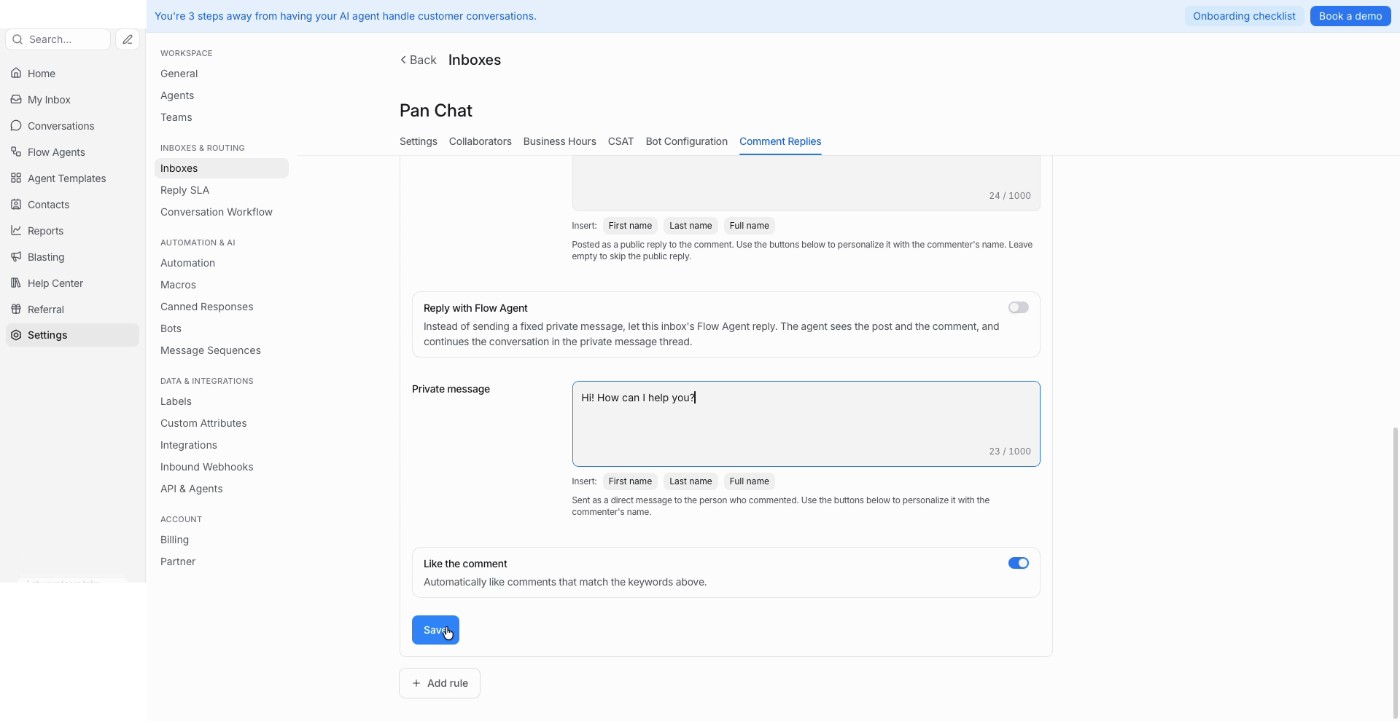 Reply with Flow Agent, Private message and Like the comment settings