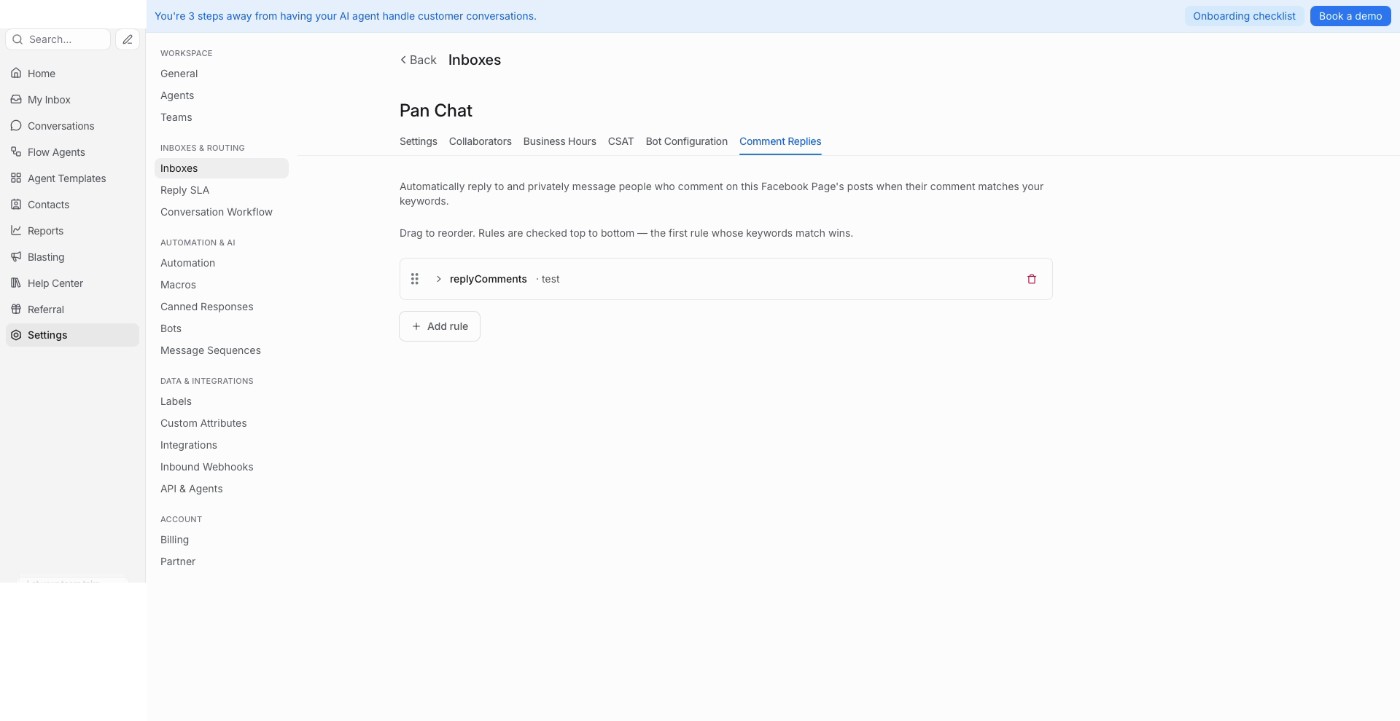 Saved rule listed on the Comment Replies tab