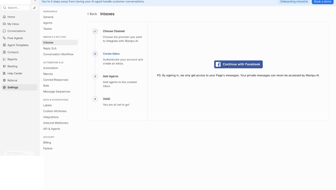 Create Inbox step with the Continue with Facebook button