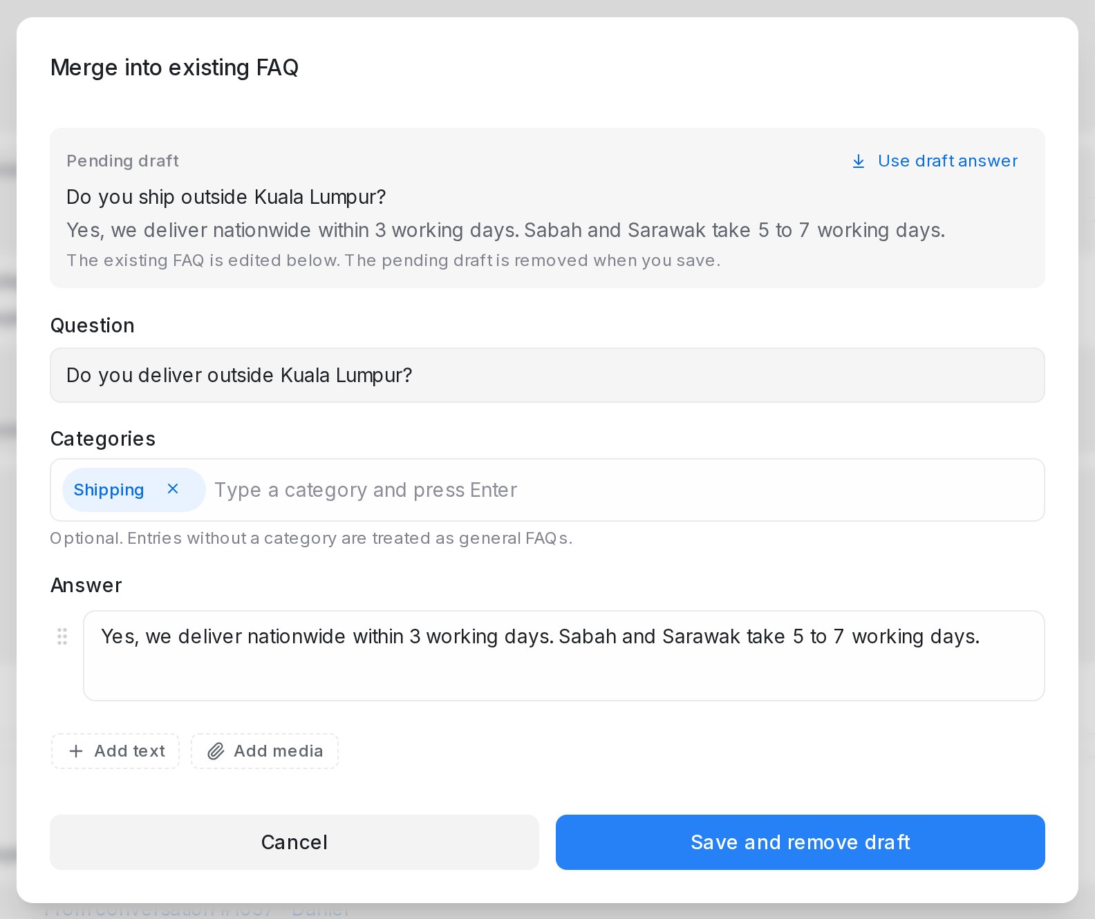 Merging a draft into an existing FAQ
