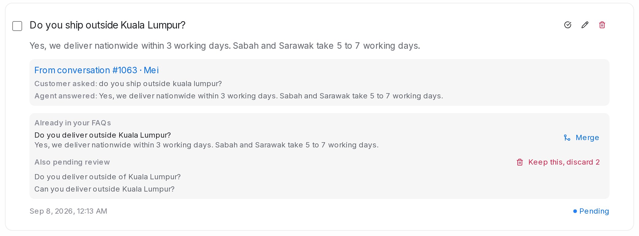 A pending draft showing the FAQs that already ask the same question