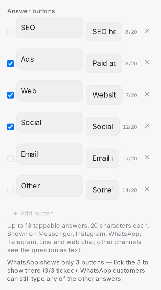 Answer buttons on a condition block, with the three WhatsApp shows ticked