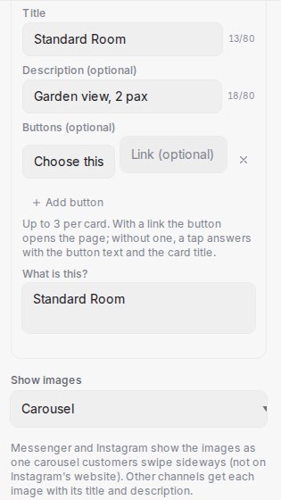 Card fields and the Show images choice on a Send message block