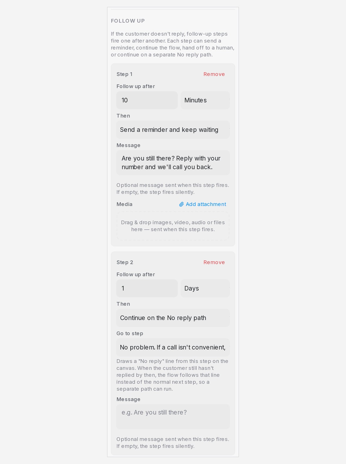 Follow-up steps on a question, the last one continuing on the No reply path