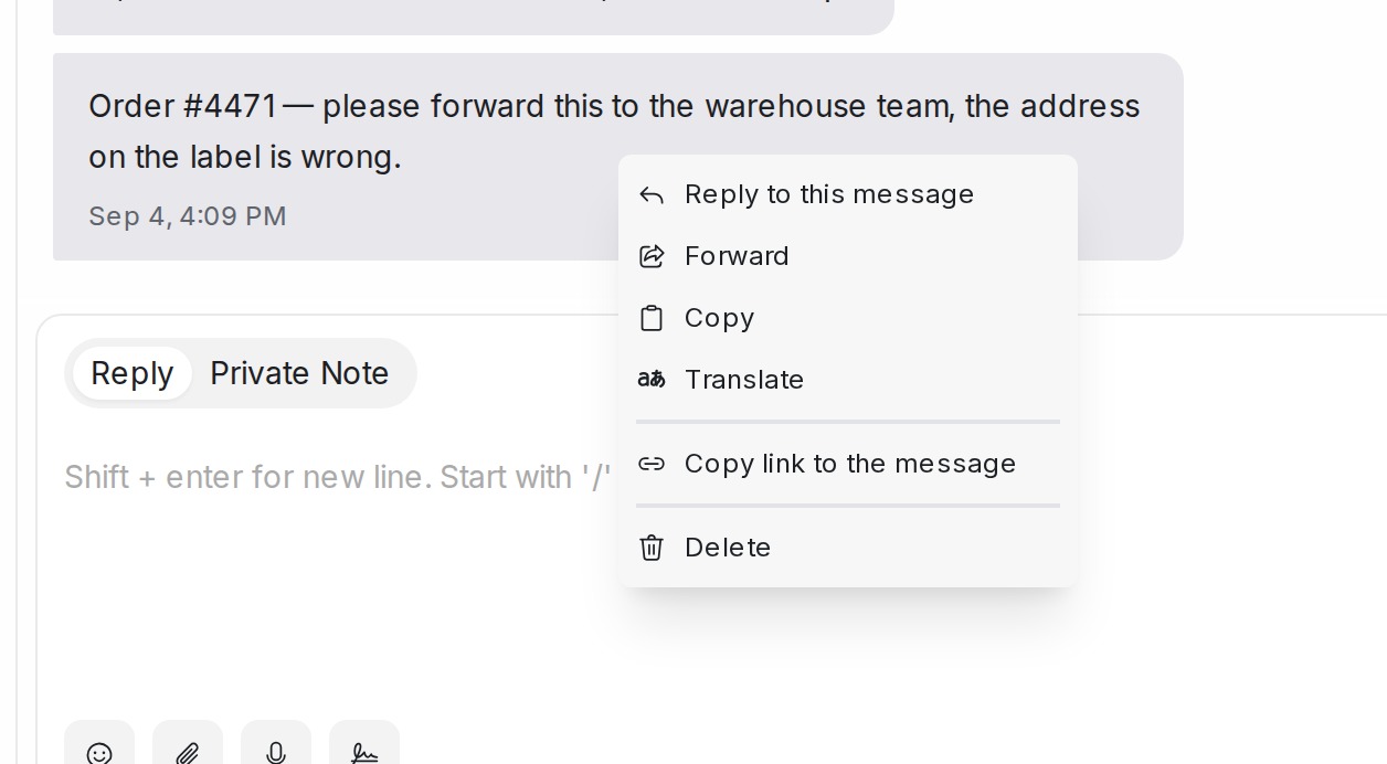 Right-click menu on a message with the Forward option