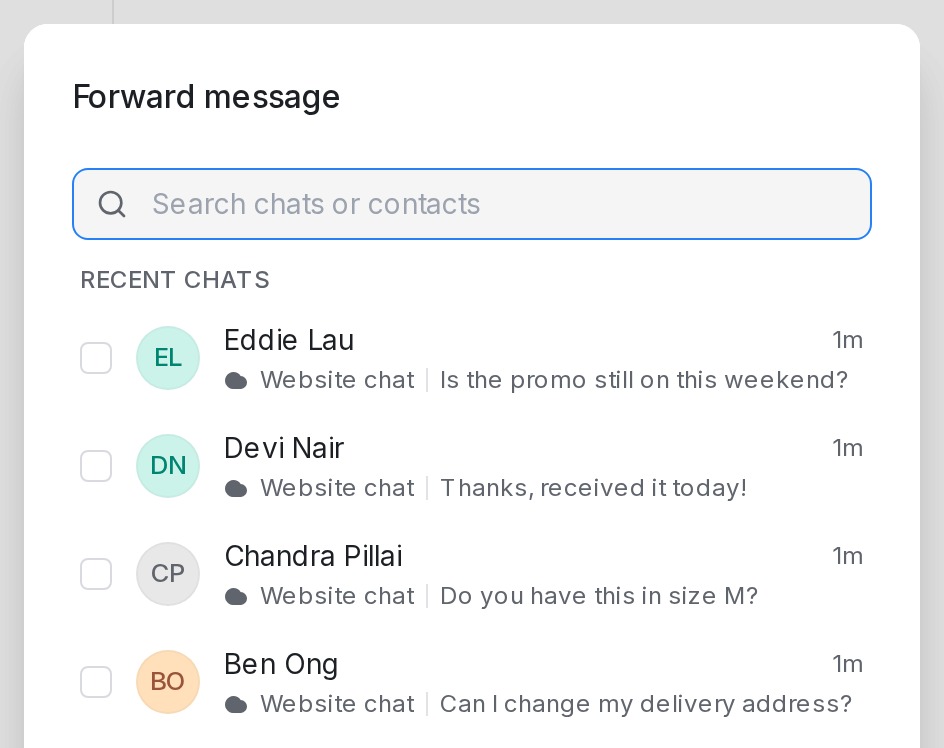 Forward message dialog listing recent chats