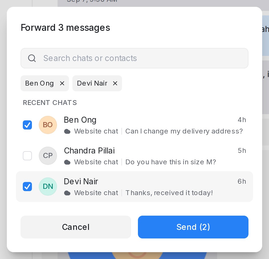 Forward dialog titled with the number of selected messages