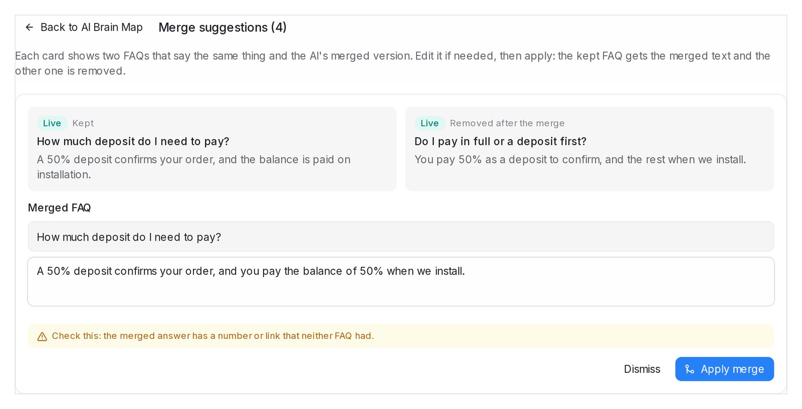 A merge suggestion with both FAQs and the merged version
