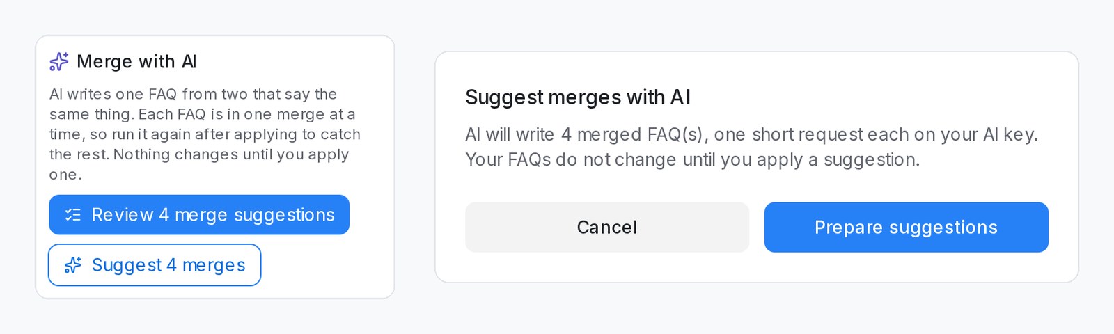 Merge with AI in the Needs attention panel, and the confirmation