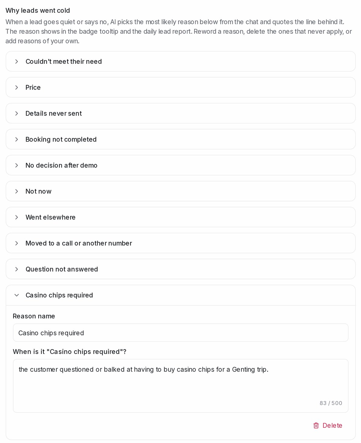 Why leads went cold in Settings → AI Monitoring, with a reason of your own expanded
