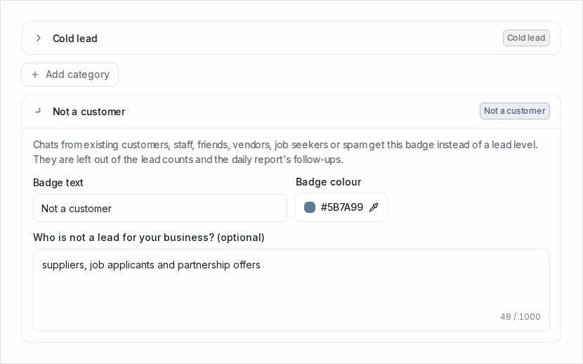 The Not a lead card under Lead analysis, renamed to Not a customer, with a description of who is not a lead