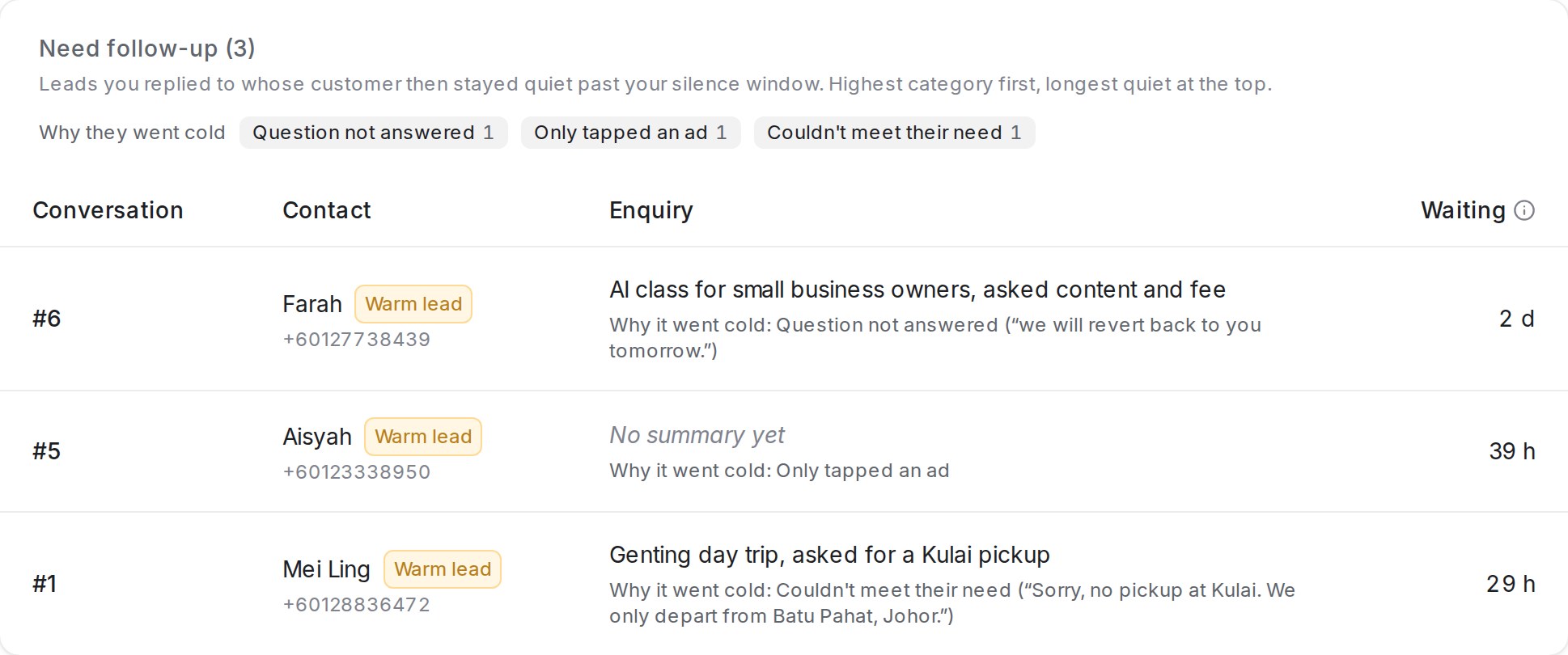 Need follow-up list in Reports → Leads, with the reasons counted above the list and each lead's reason under its enquiry