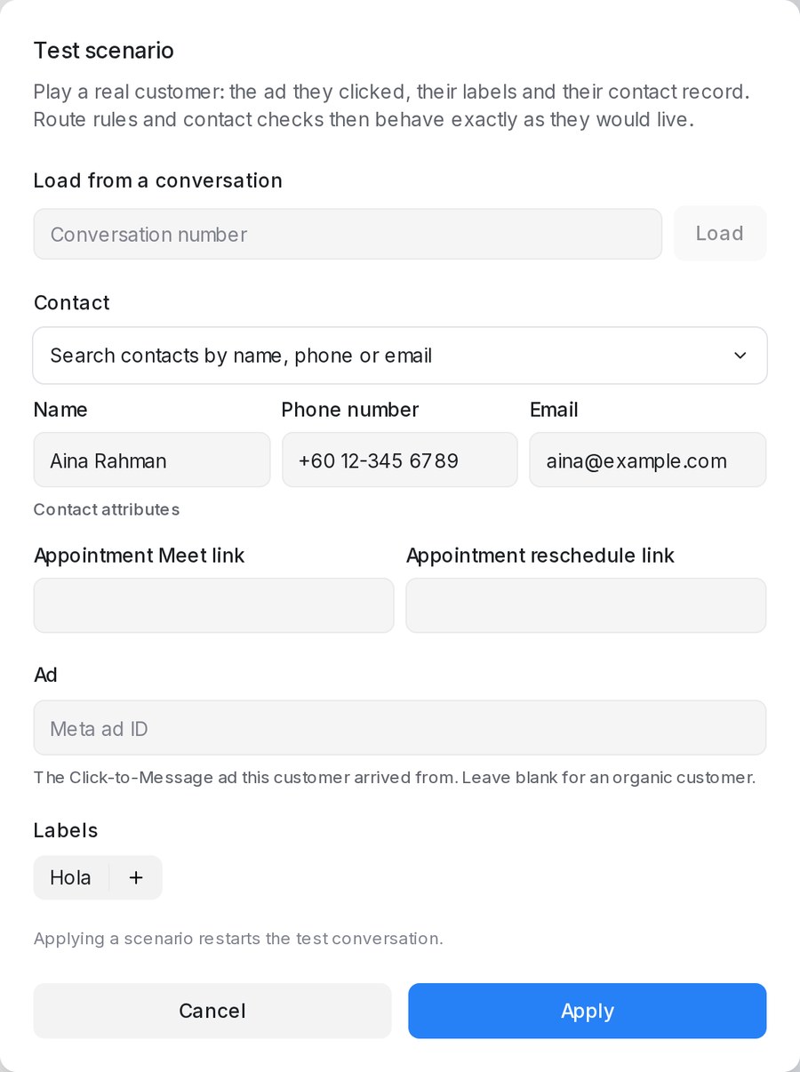 Scenario dialog in the Playground