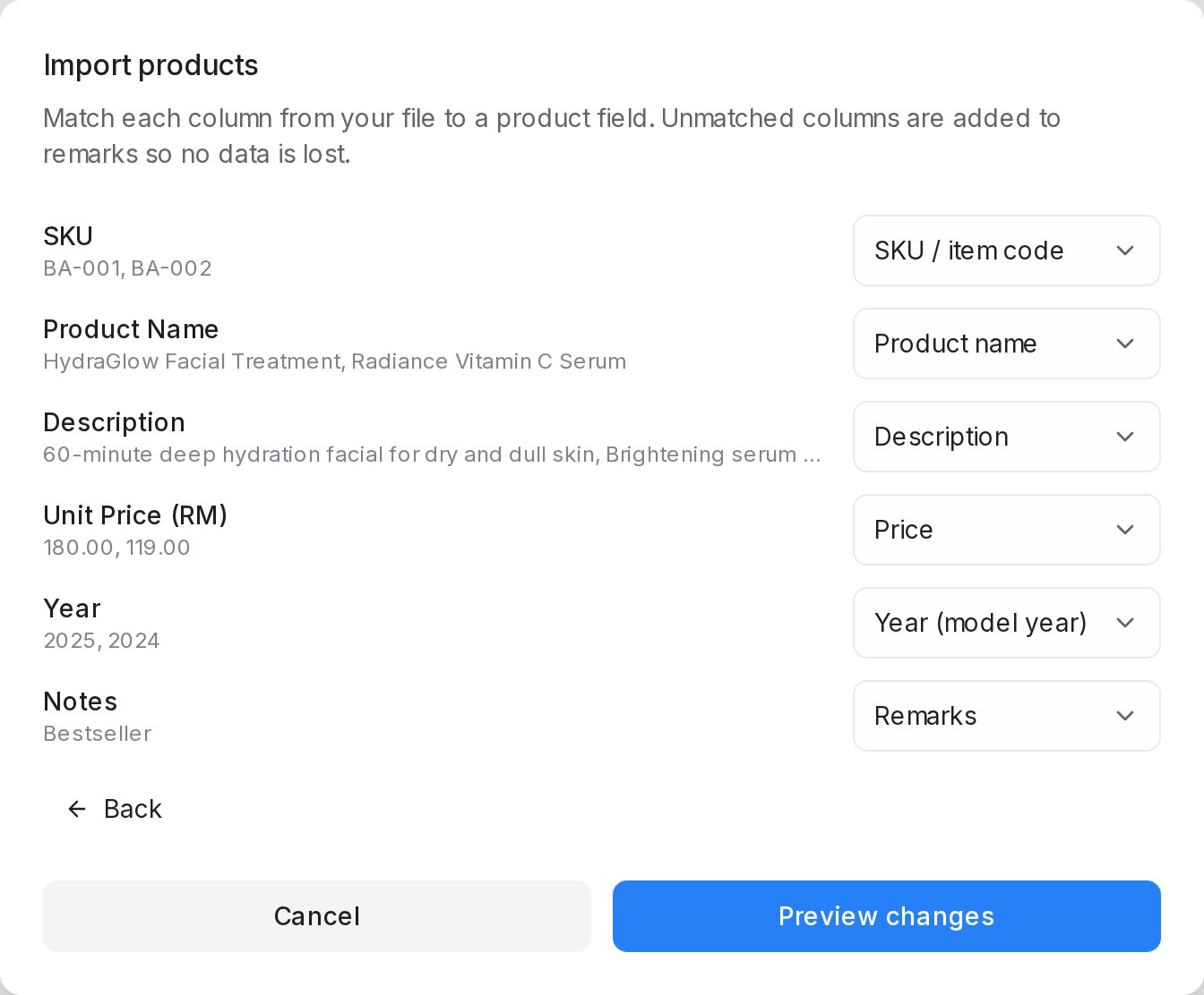 Matching file columns to product fields