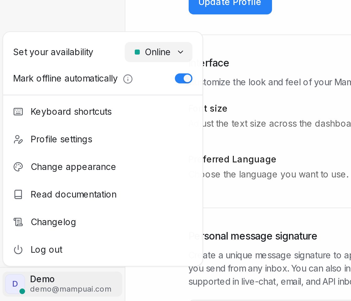 The profile menu