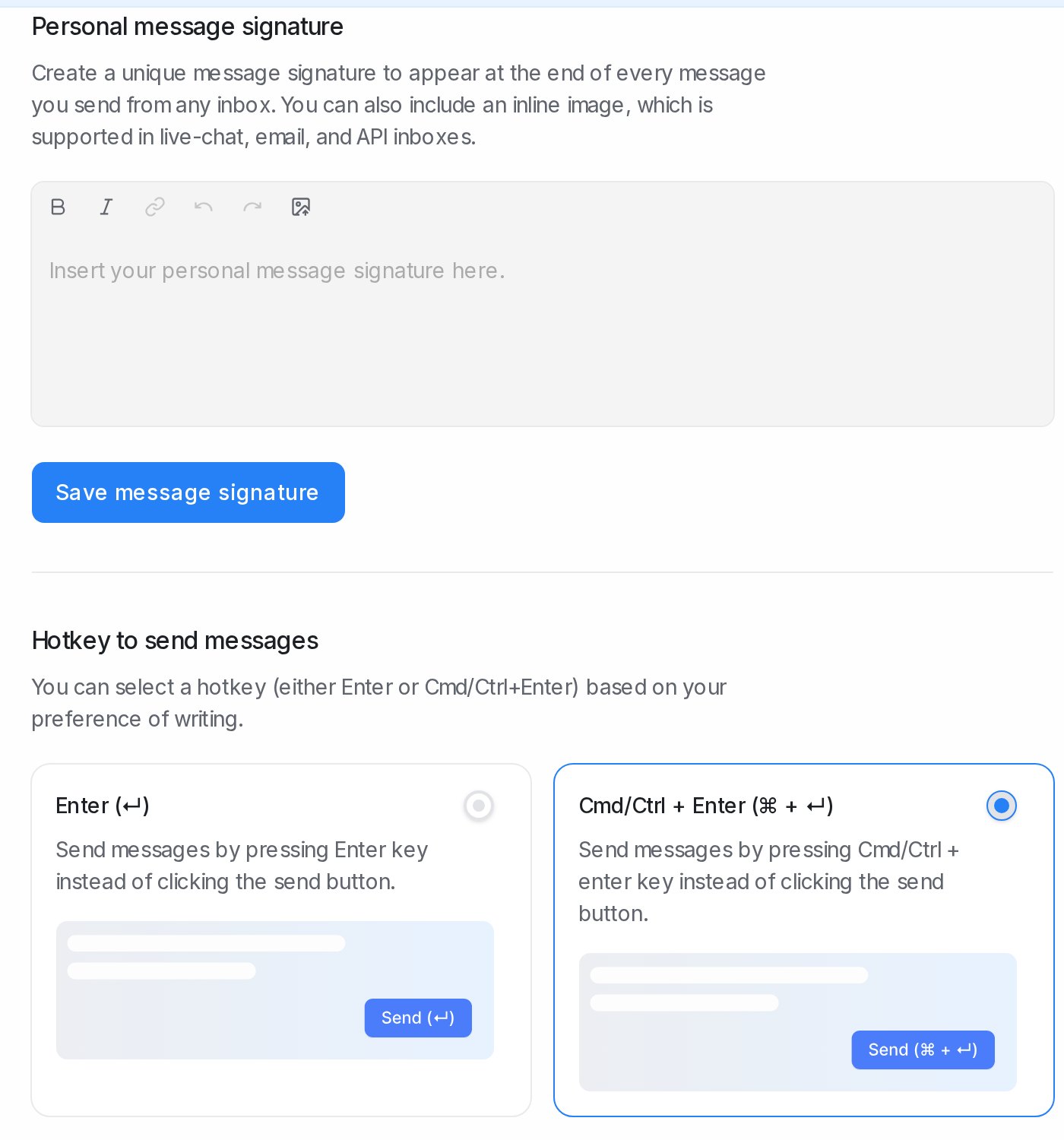 Personal message signature and Hotkey to send messages